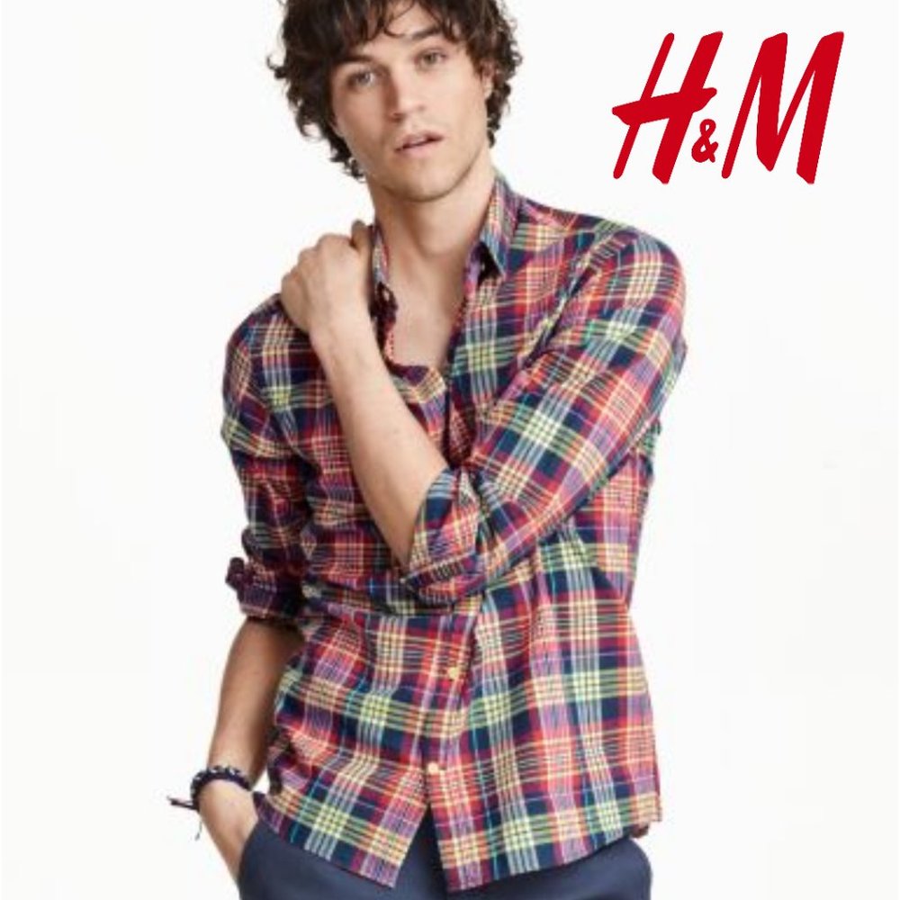 H&M Plaid Cotton Woven Summer Button Front Shirt L